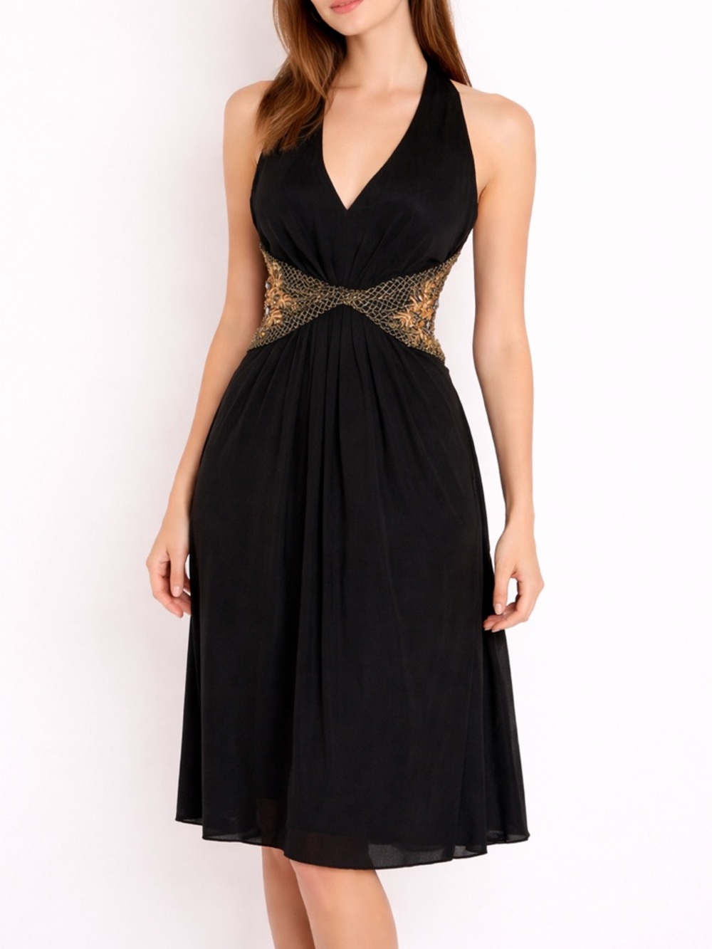 Elie Tahari Black Floral Beaded Waistline Tie-back Halter Midi Dress size 2